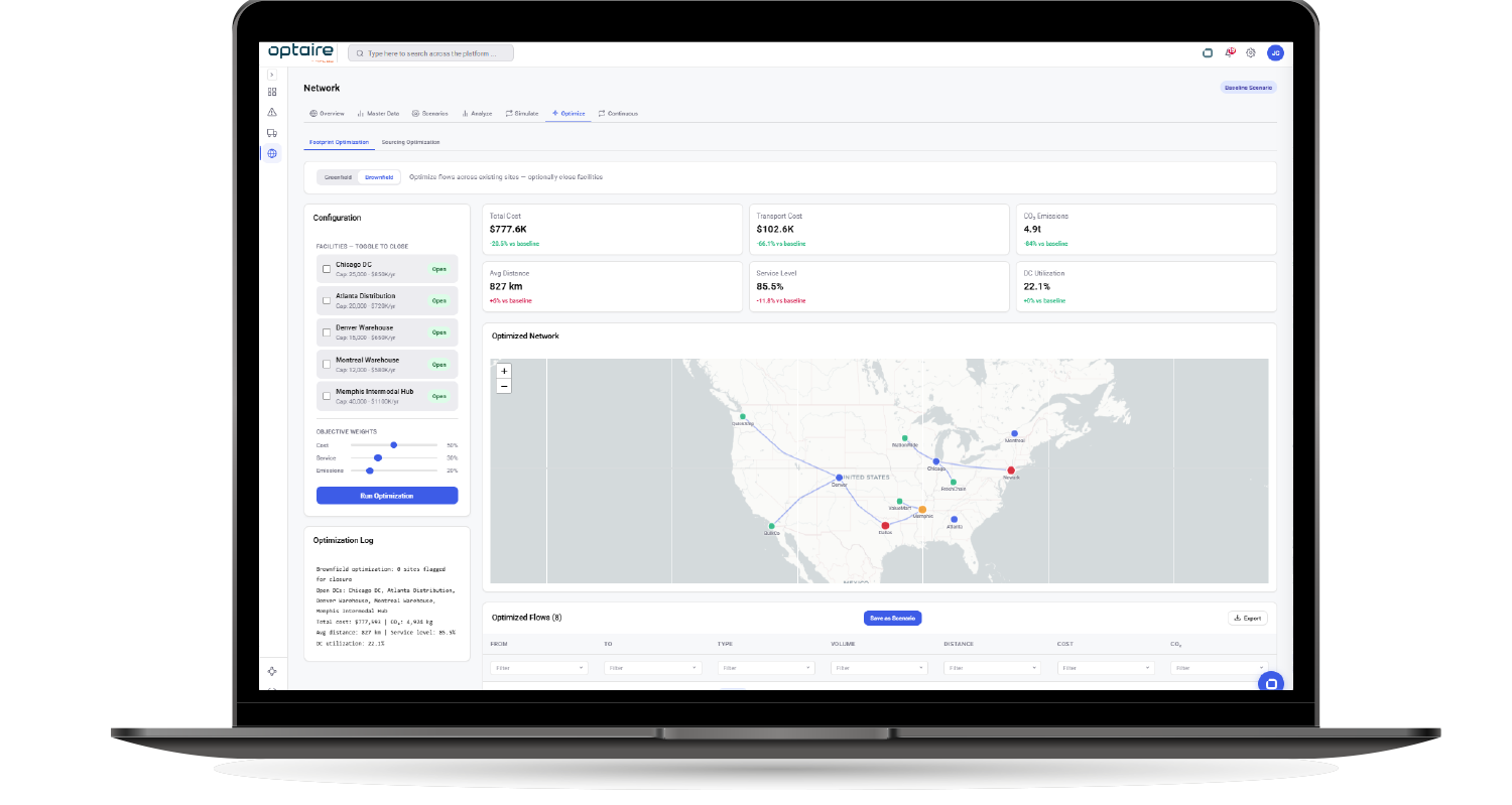 Design your supply chain dynamically and operate with the full picture in mind. Continuously model sourcing, footprint and inventory decisions with a digital twin with the network module in optaire by 4flow.
