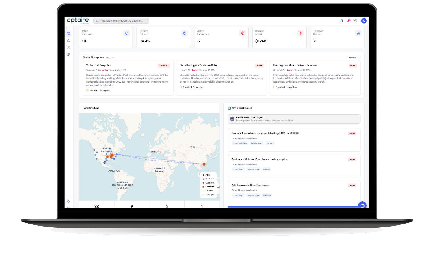 Detect disruptions early. Prioritize by impact. Simulate responses and trigger actions automatically with the risk and disruption module in optaire by 4flow.